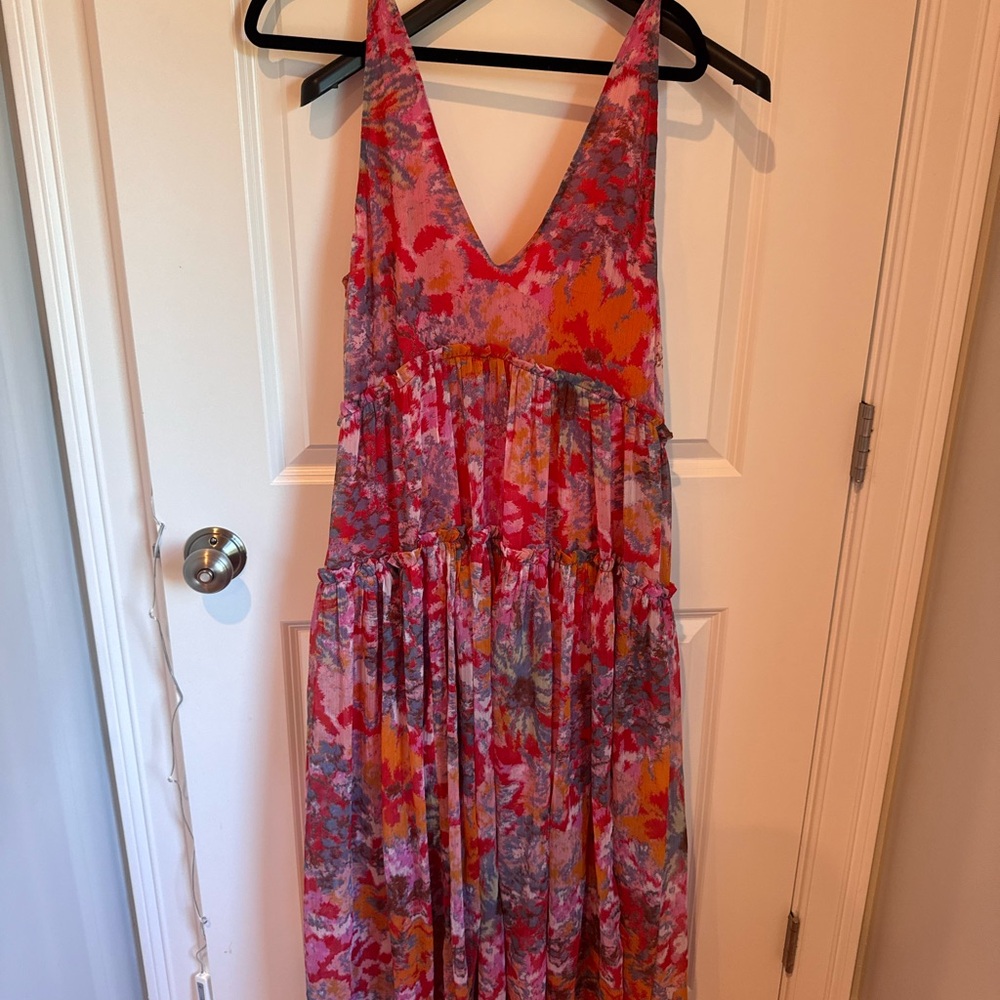 Free People Pink and Red Sleeveless V-Neck Maxi Sundress